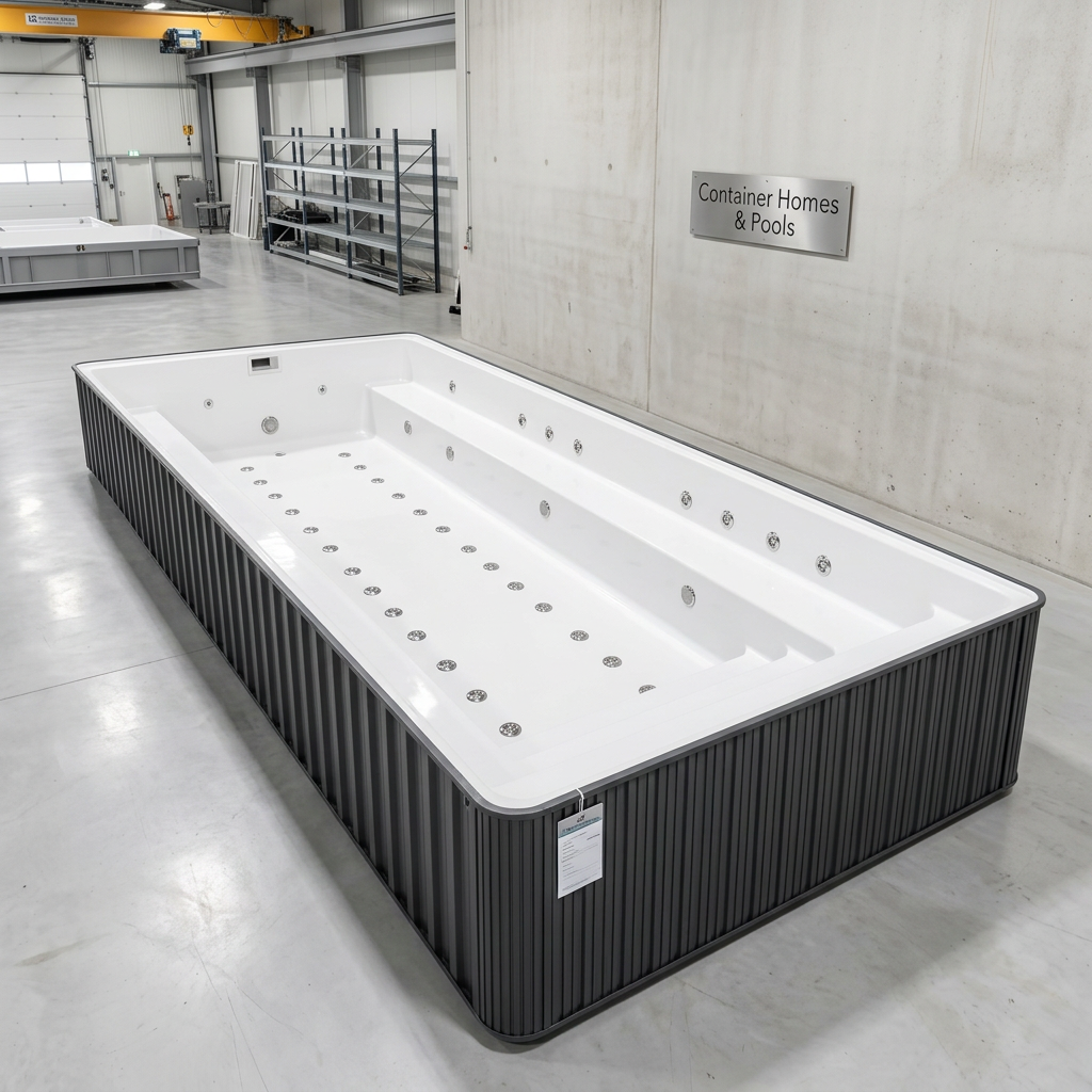 Concept visualization of The Courtyard 12ft empty in the factory, with matching steps, seating and visible bubble jet fittings