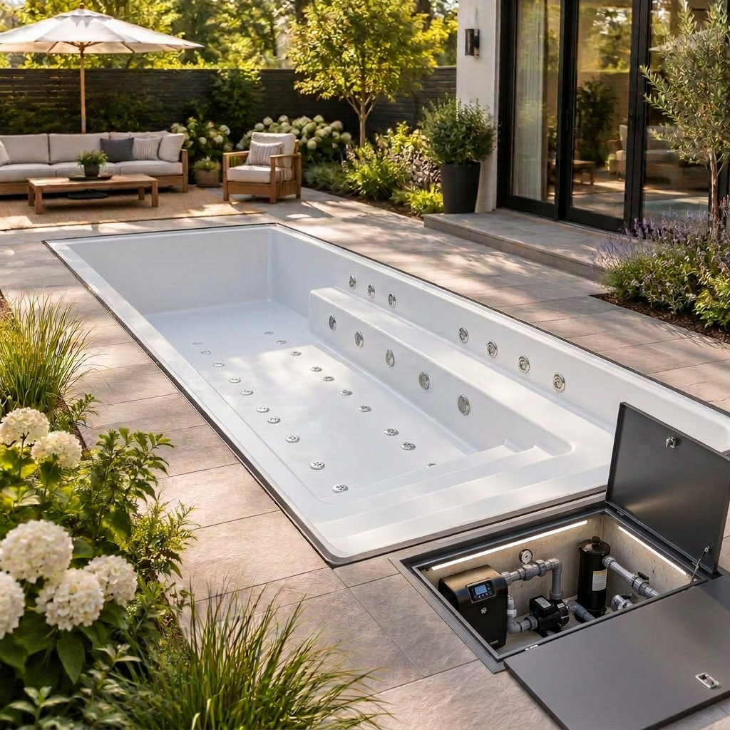 Concept equipment-access view of The Courtyard 12ft showing the empty shell, bubble jet fittings, electric heater, circulation pump and filter