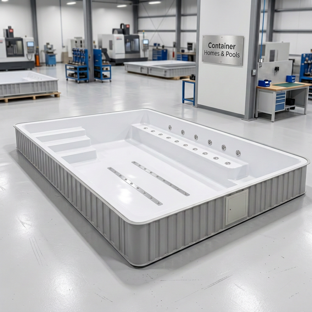 Concept visualization of The Cove 10ft empty in the factory, with matching steps, seating and visible bubble jet fittings