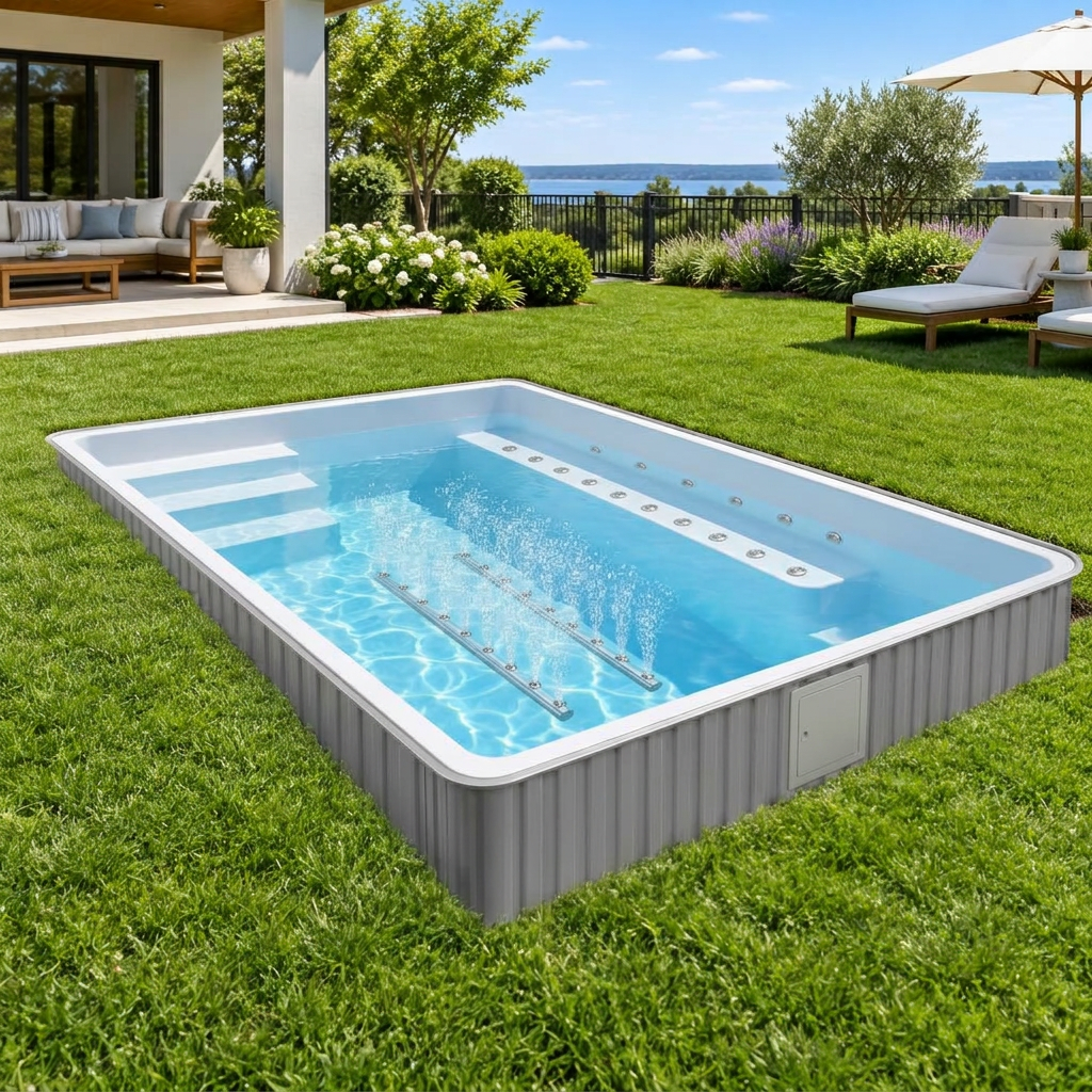 Concept visualization of The Cove 10ft semi-buried in a lawn with the rim at ground level