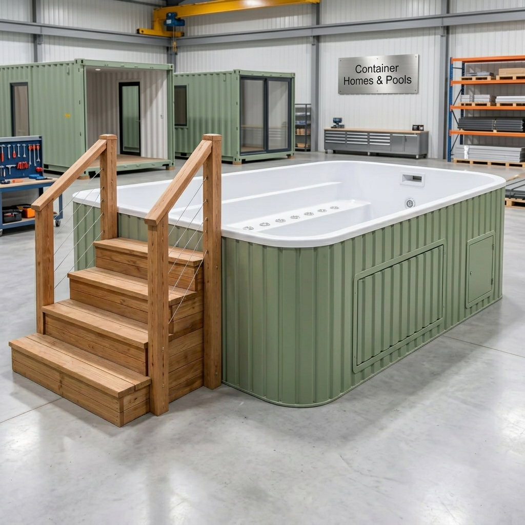Concept visualization of The Garden 8ft empty in the factory, with matching steps, seating and visible bubble jet fittings