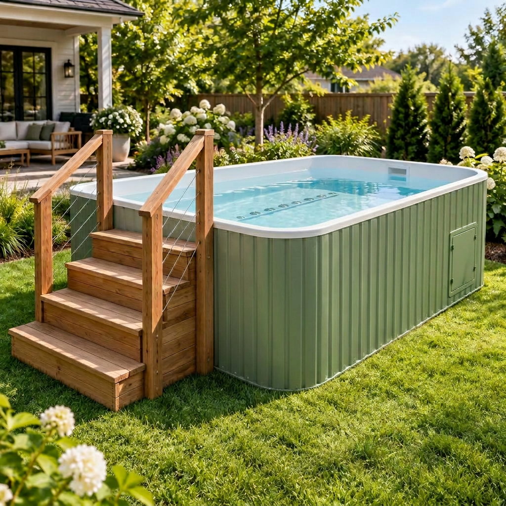 Concept visualization of The Garden 8ft above ground with wooden steps leading up to the pool