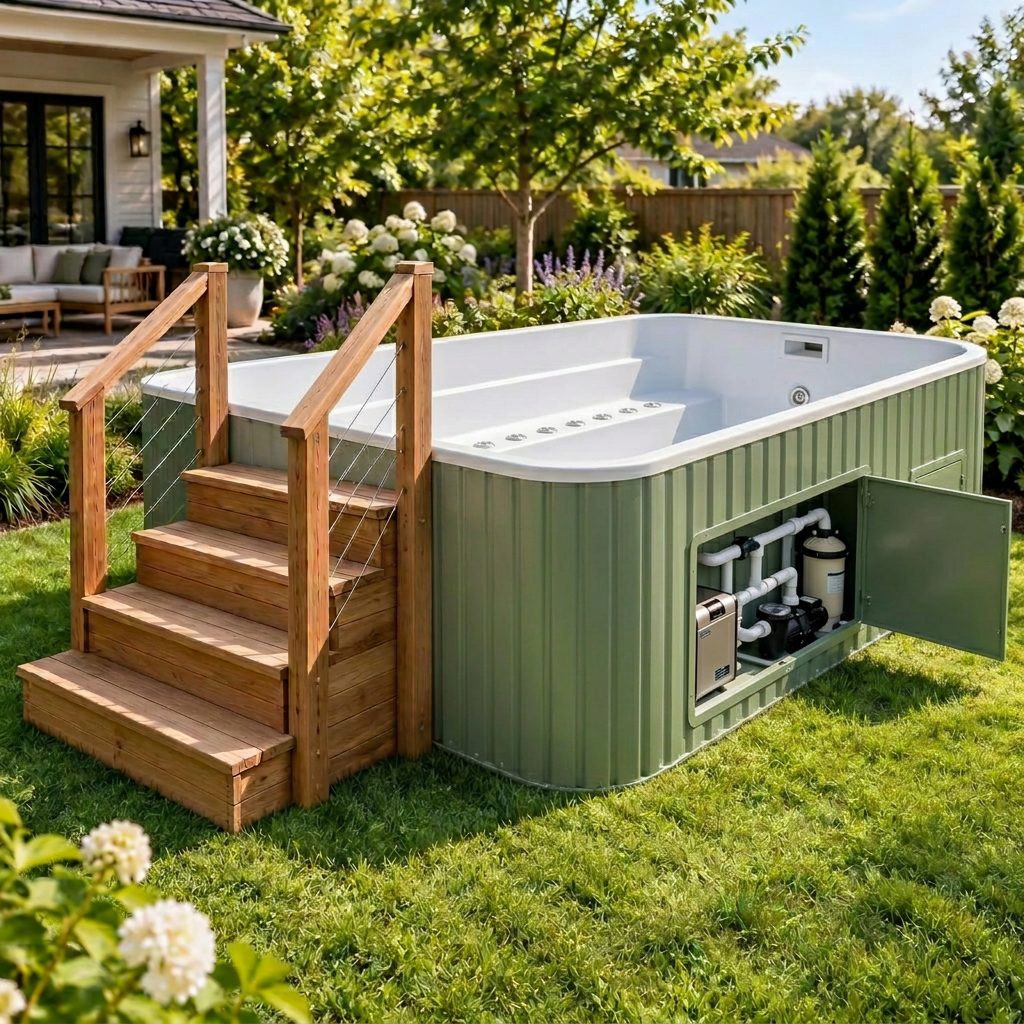 Concept equipment-access view of The Garden 8ft showing the empty shell, bubble jet fittings, electric heater, circulation pump and filter