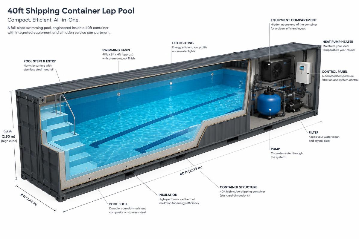 Cross-section of The Lap showing the heat pump and equipment compartment