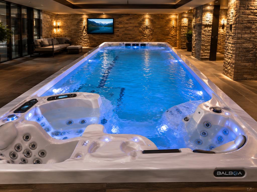 Balboa Lucite Massage Swim Spa in a high-end indoor pool room