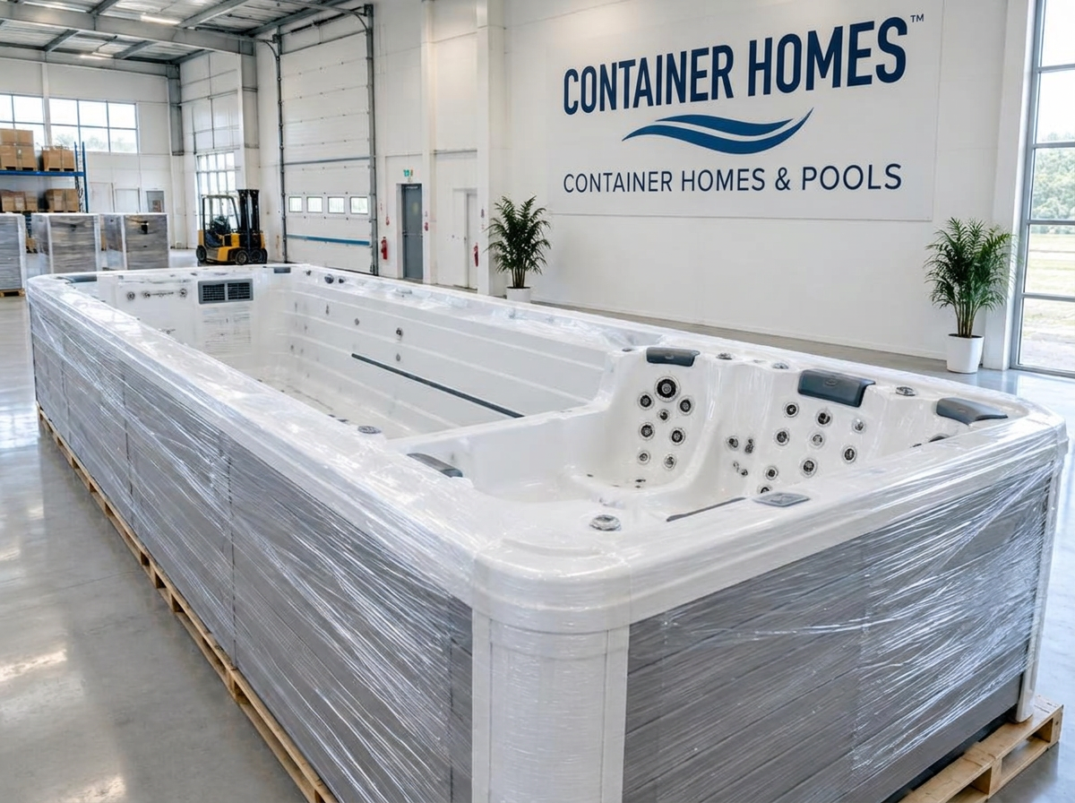 Balboa Lucite Swim Spa wrapped in the Container Homes & Pools warehouse