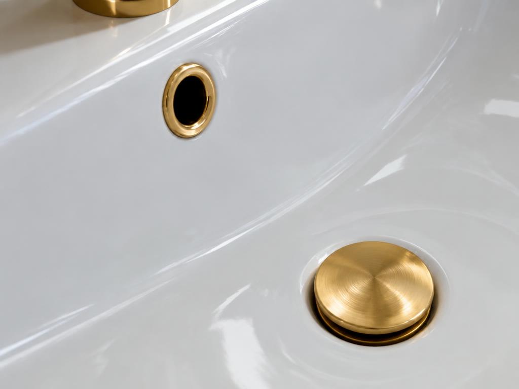 Basin glazed surface, overflow ring and gold drain fitting