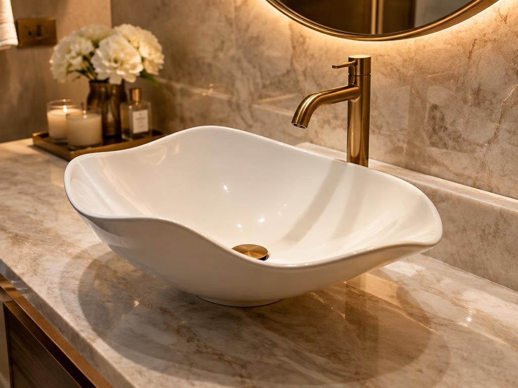 Luxury Vessel Wash Basin with brushed gold faucet on a marble vanity