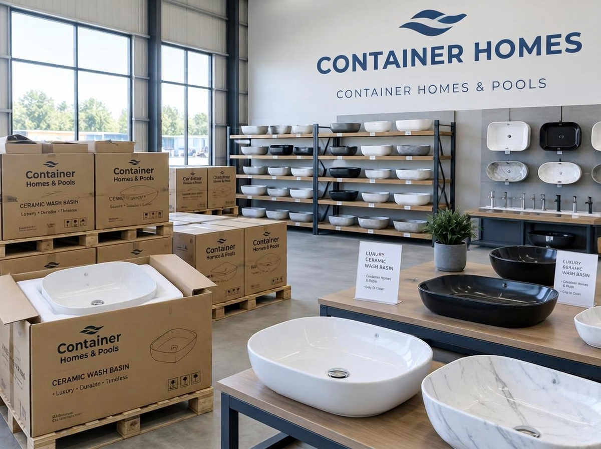 Luxury wash basins in the Container Homes & Pools warehouse