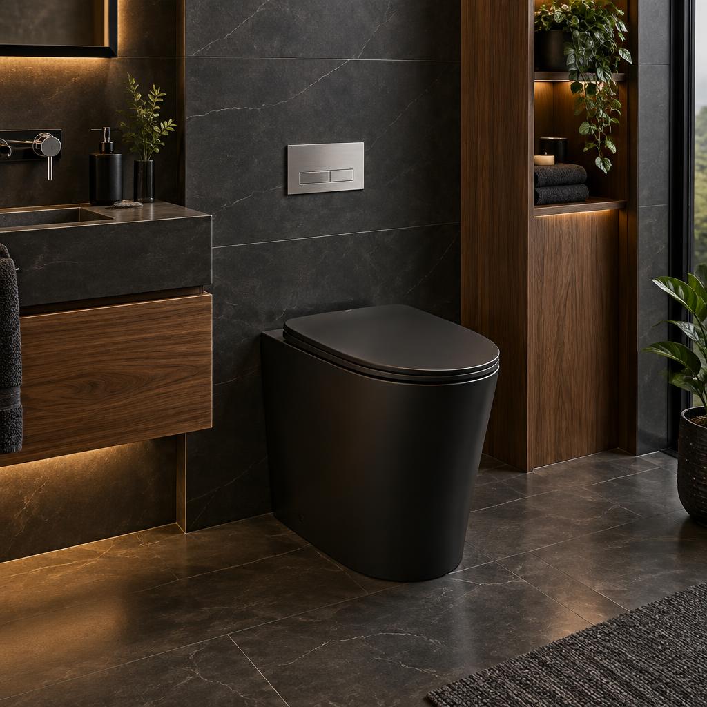 Matte Black Designer Toilet in a dark-toned luxury bathroom with warm wood accents