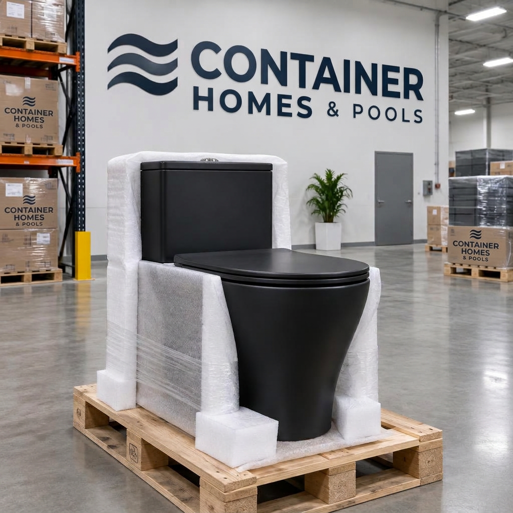 Matte black toilet wrapped on a pallet in the Container Homes & Pools warehouse
