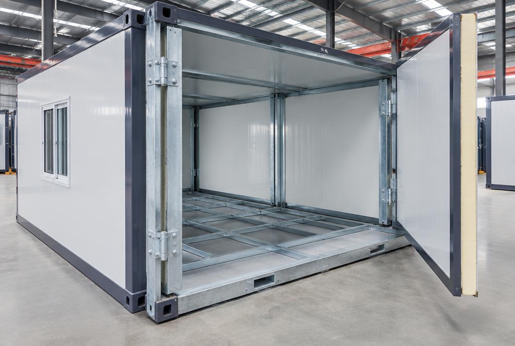 Folded walls and hinged floor frame of the 20ft expandable home mid-unfold