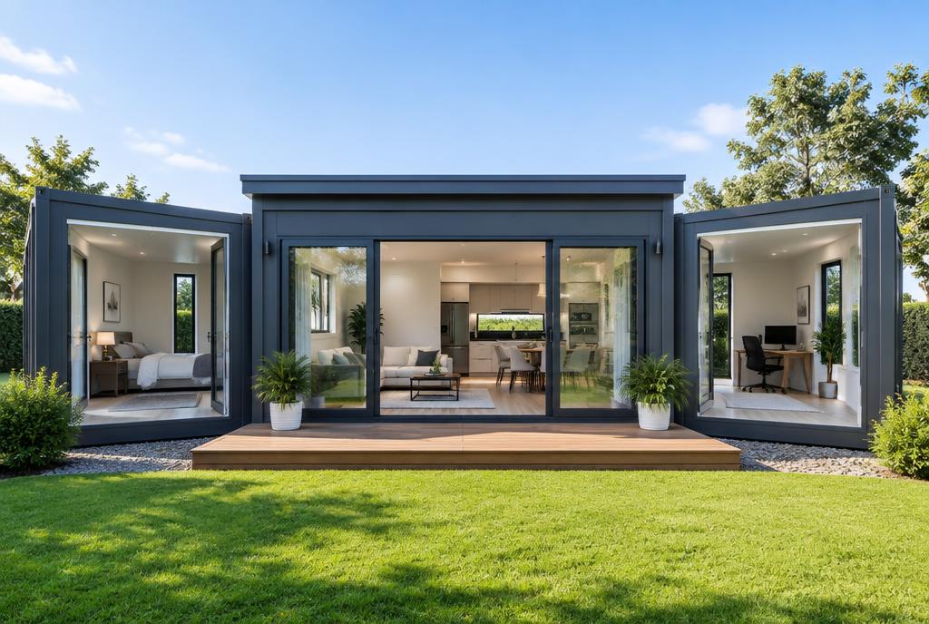 Expanded 20ft expandable container home with open side wings and a wooden deck on a lawn