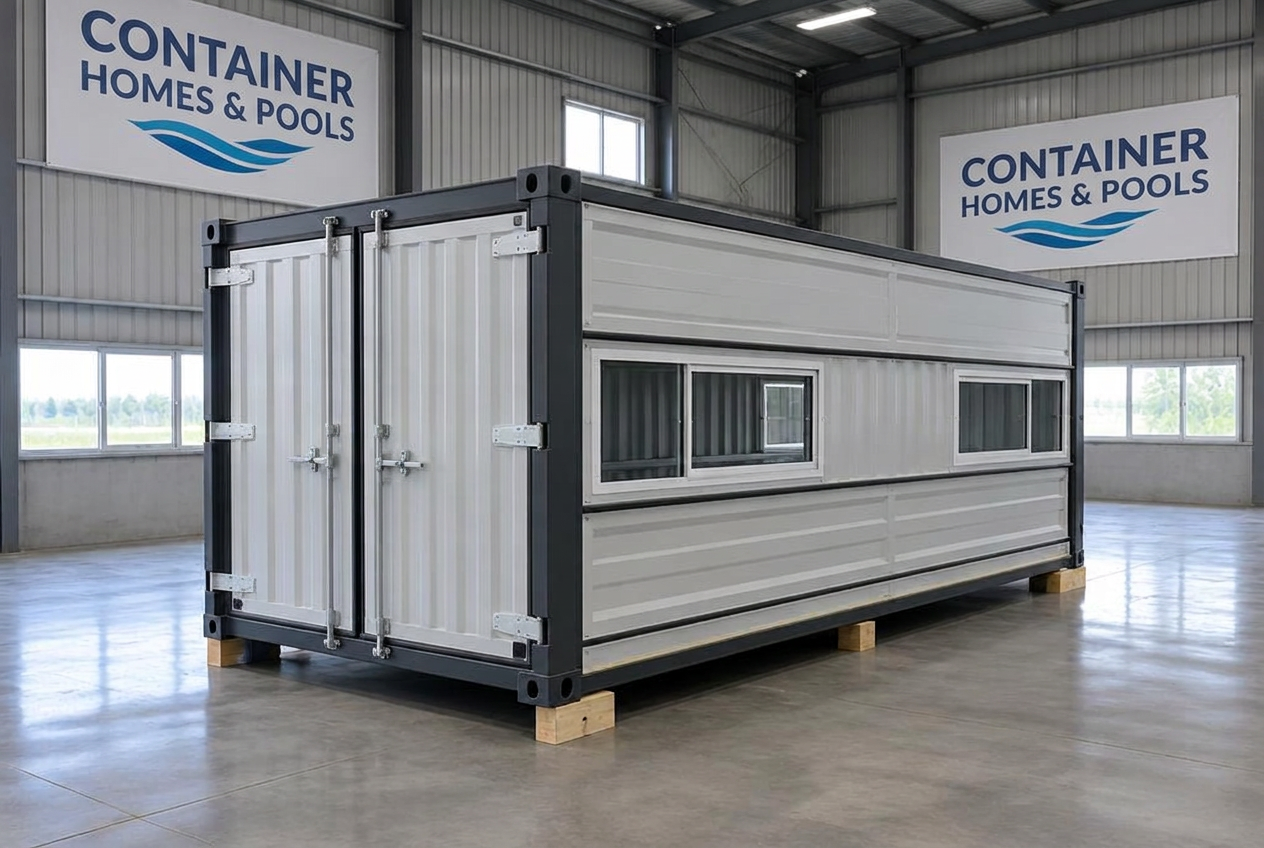 Folded 20ft expandable container home in the Container Homes & Pools warehouse
