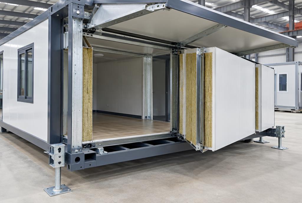 Cutaway of the 40ft home showing fold-out wing, insulation panels and leveling jacks