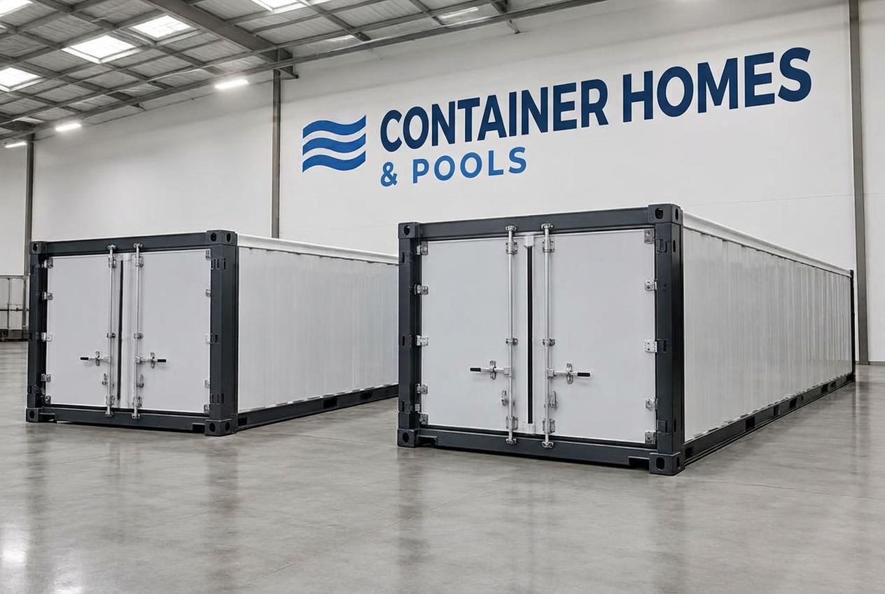 Two folded 40ft expandable homes in the Container Homes & Pools warehouse