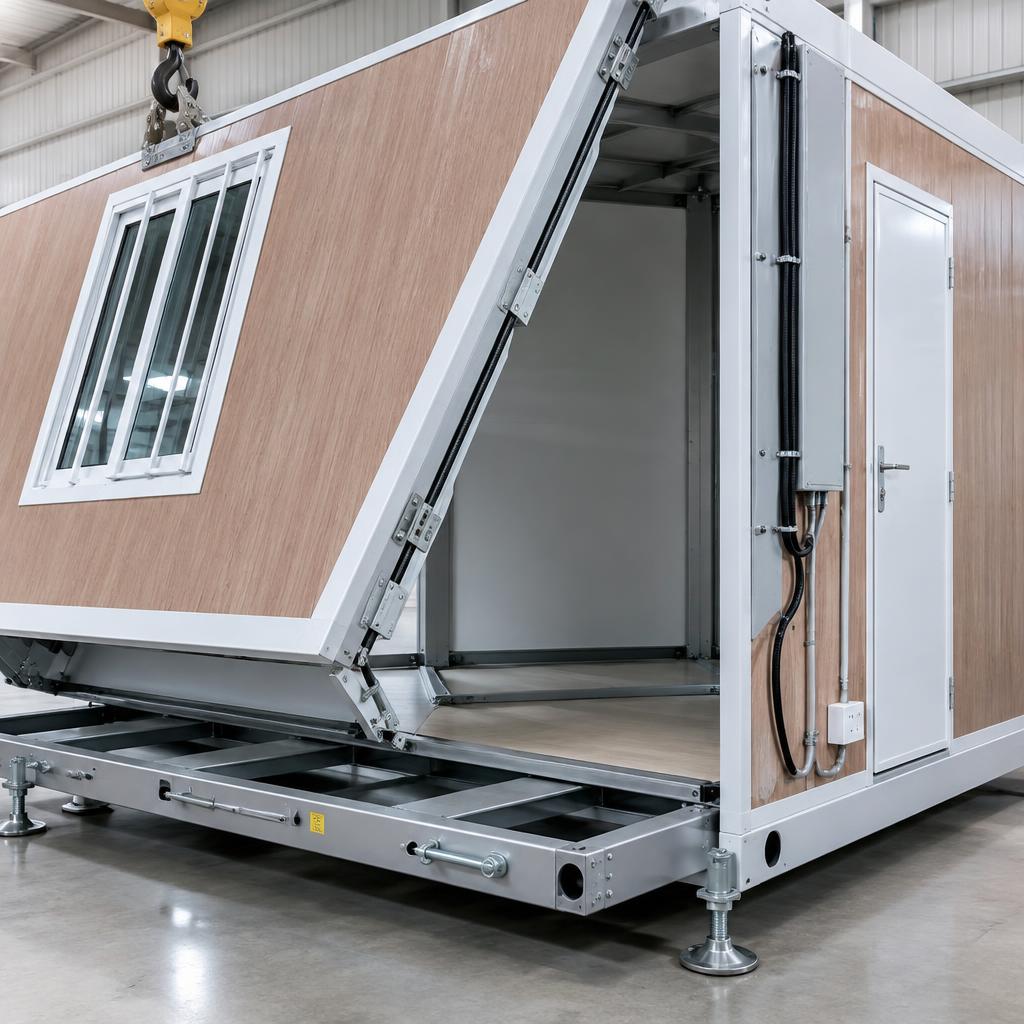 Folding wall, hinges and pre-wired wiring of the folding container house mid-unfold on screw-jack feet