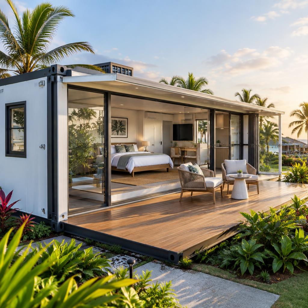 Australian Standard folding container house expanded as a modern villa guest suite at a resort hotel