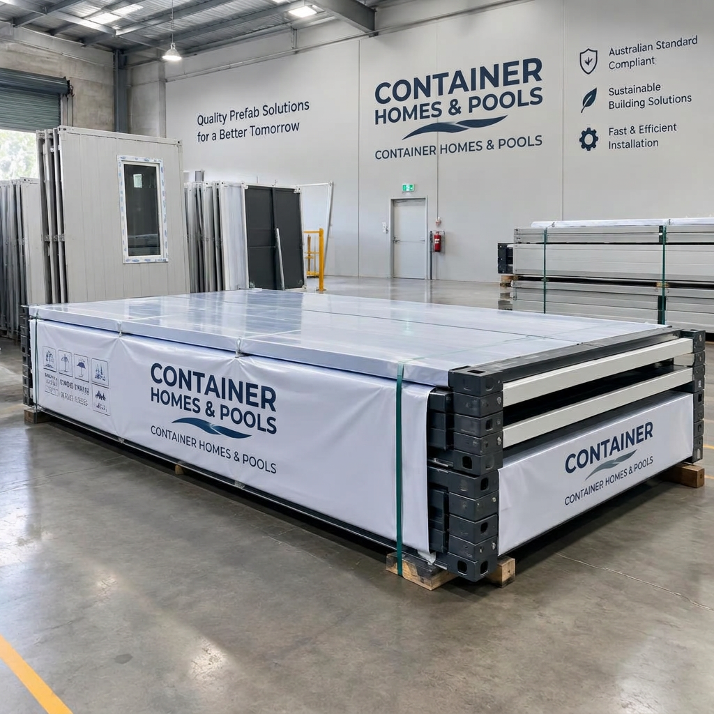 Flat-packed folding container house wrapped and strapped in the Container Homes & Pools warehouse