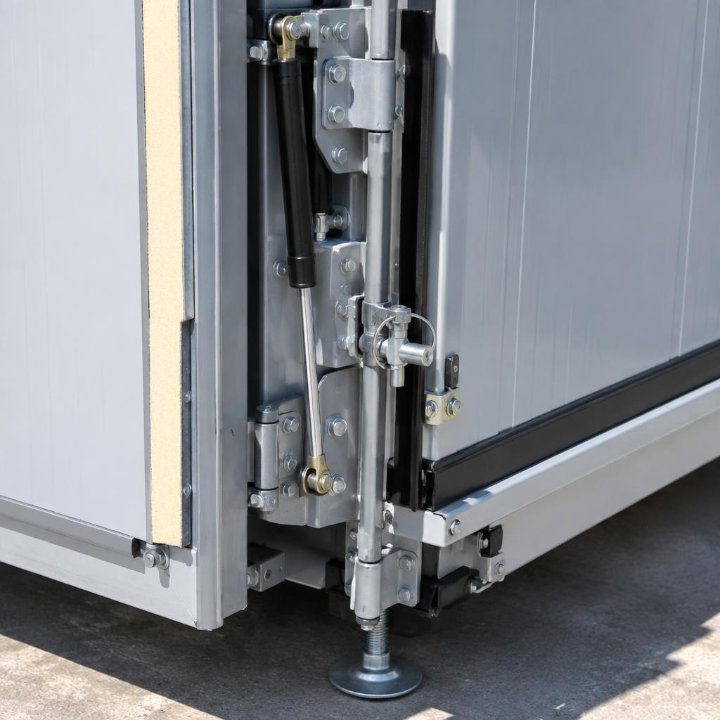 Close-up of the granny flat folding hinge, gas strut, locking pins and screw-jack foot