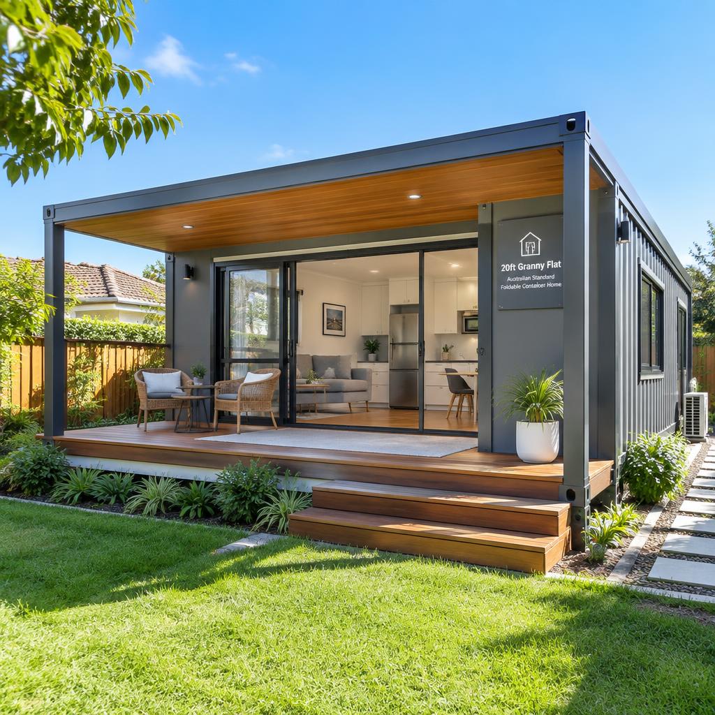 Australian 20ft folding granny flat container home with veranda in a sunny backyard garden