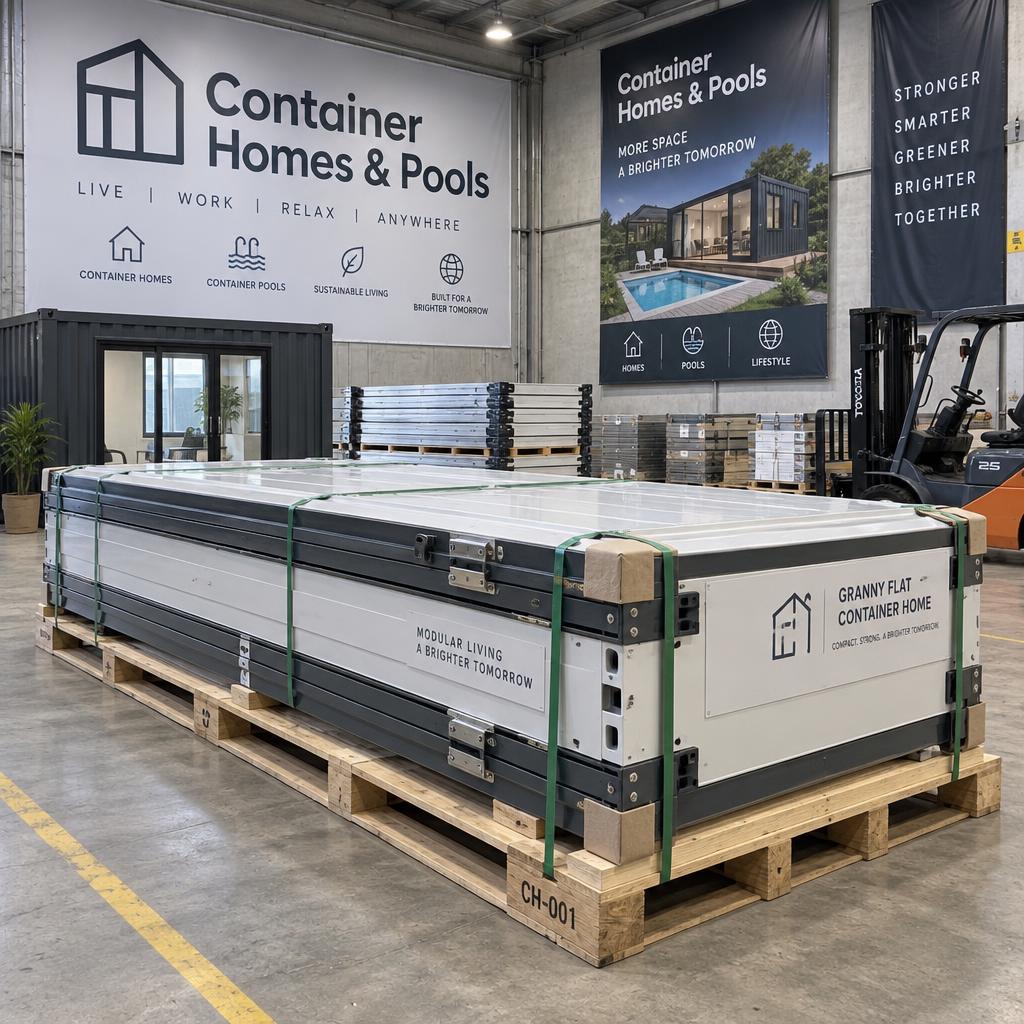 Folded granny flat flat-pack strapped on a pallet in the Container Homes & Pools warehouse