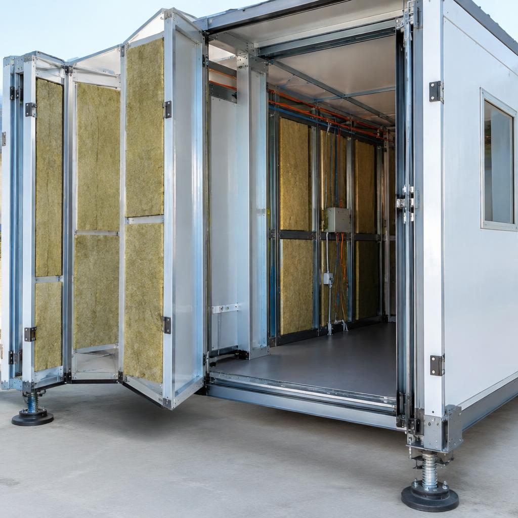 Cutaway of the expandable villa showing hinged wall panels, rockwool insulation and screw-jack feet
