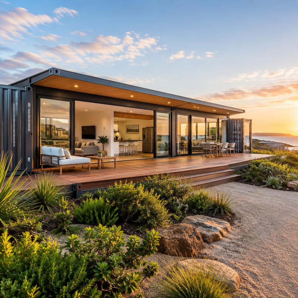 Australian expandable 40ft container villa with glass sliding doors and timber deck at sunset