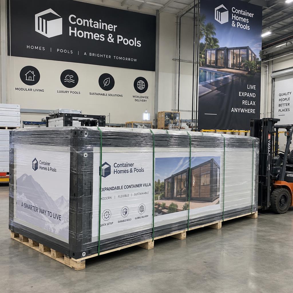 Flat-packed expandable villa wrapped and strapped in the Container Homes & Pools warehouse