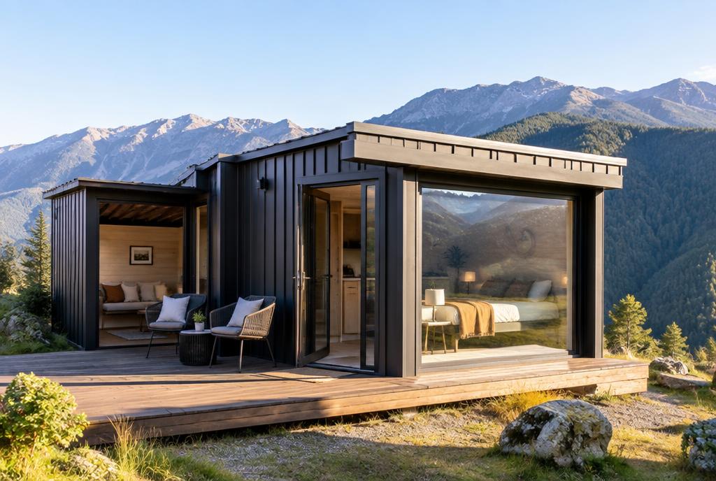 Fold-out studio cabin expanded on a wooden platform with mountain views