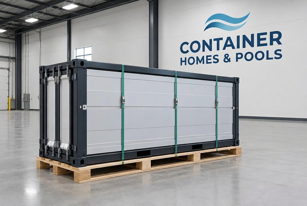 Folded studio cabin strapped on a pallet in the Container Homes & Pools warehouse