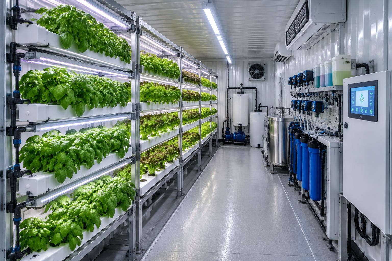 Interior view of the hydroponic racks, nutrient dosing, filtration, and climate controls