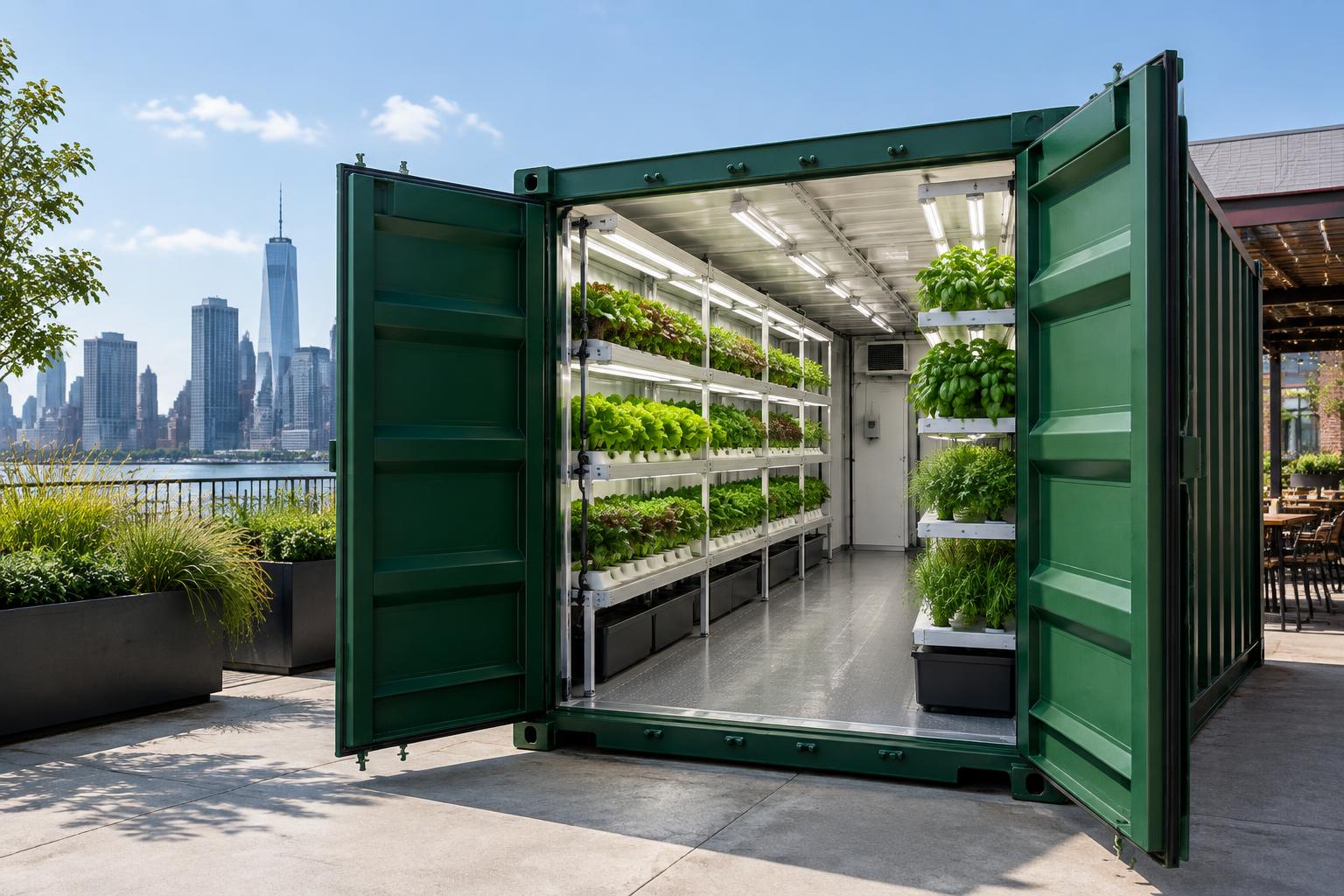 Compact green 20ft hydroponic container farm growing herbs and lettuce at an urban restaurant