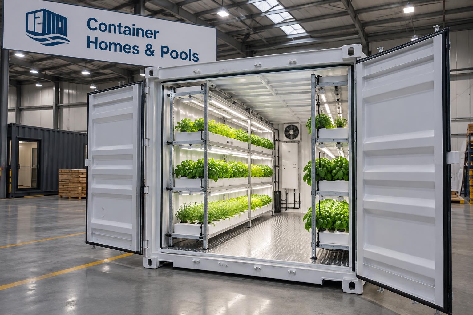 Urban Leaf Farm 20ft prepared for delivery in the Container Homes & Pools warehouse