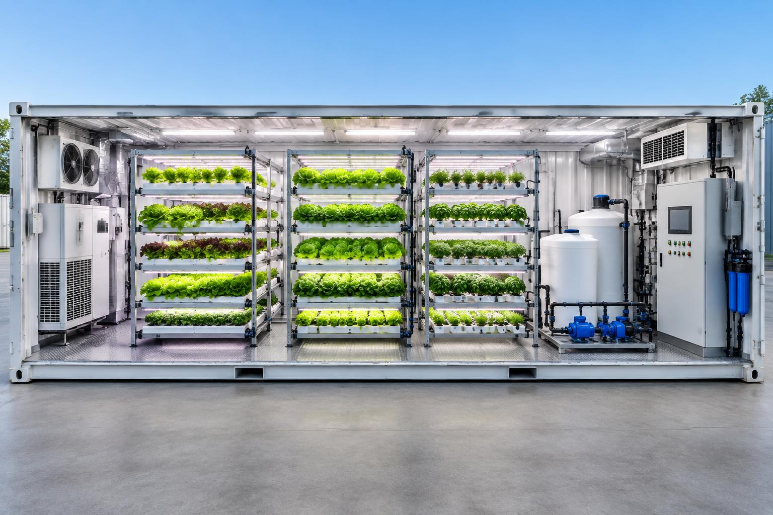 Cross-section showing growing racks, tanks, pumps, HVAC, and control cabinet
