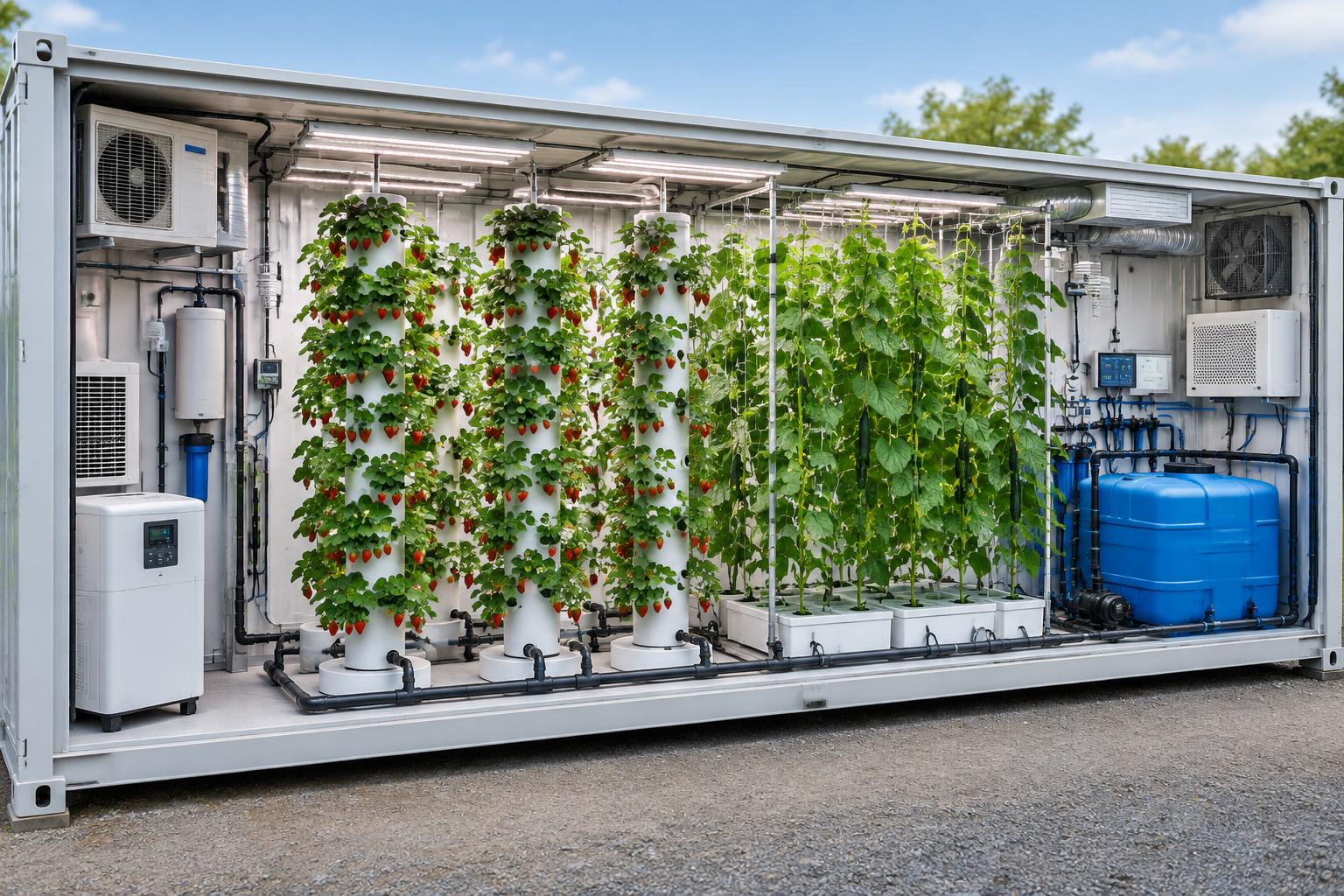 Cutaway view of strawberry towers, vine trellises, irrigation, tanks, and climate equipment