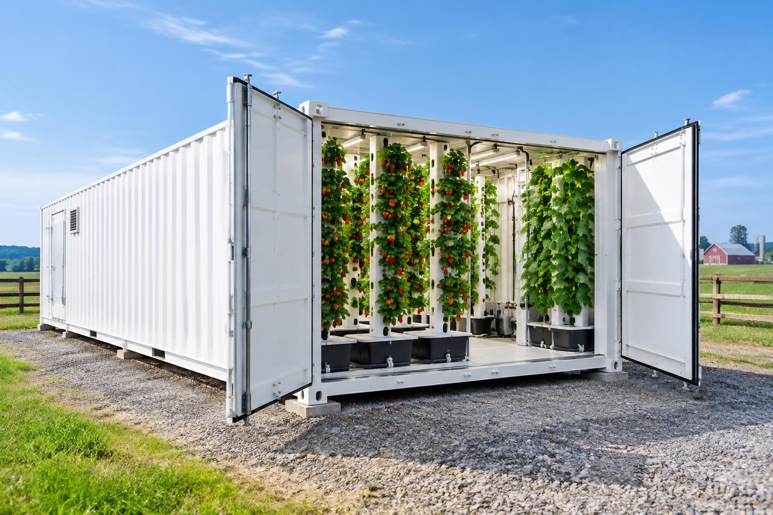 White 40ft hydroponic container greenhouse growing strawberries and vine crops on a farm