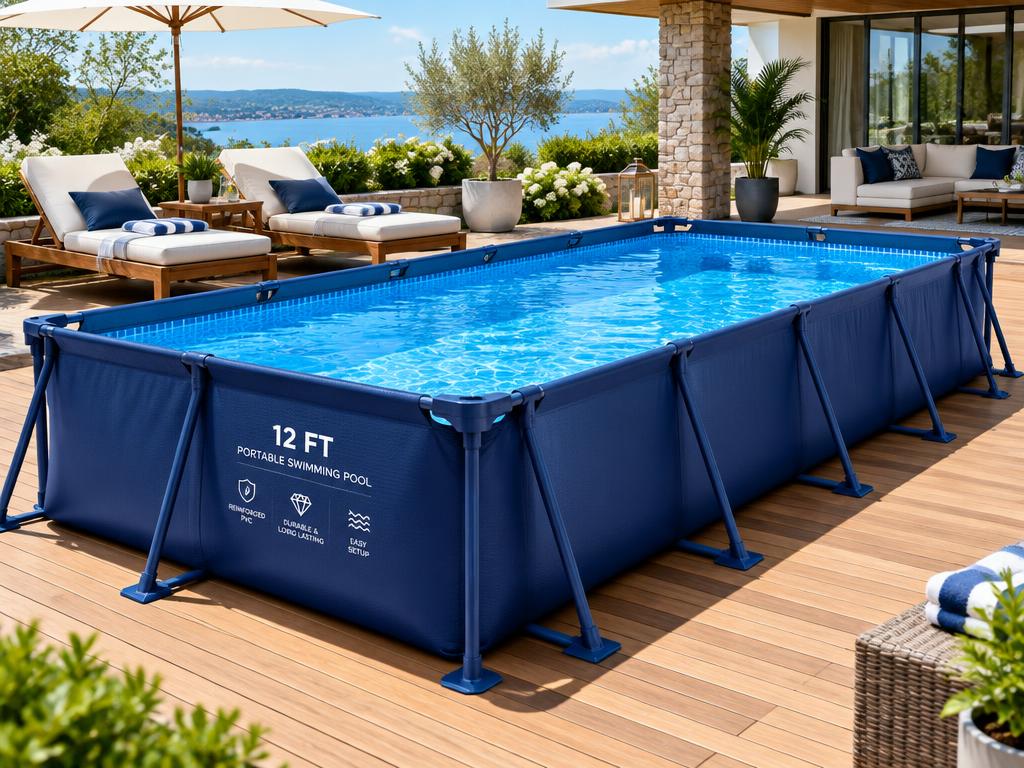 Foldaway Family Pool 12ft set up on a luxury wooden deck