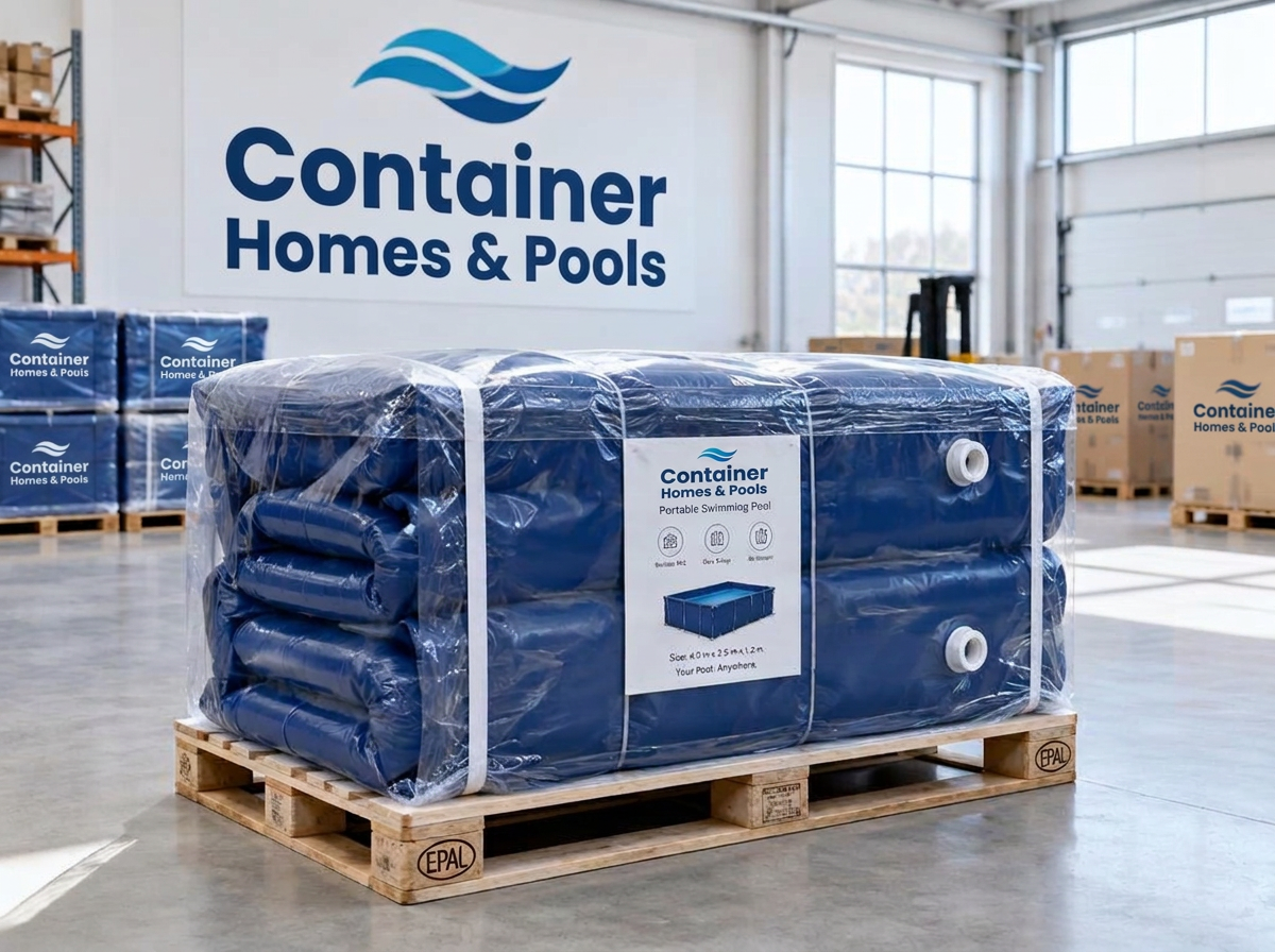 Foldaway Family Pool 12ft packaged in the Container Homes & Pools warehouse