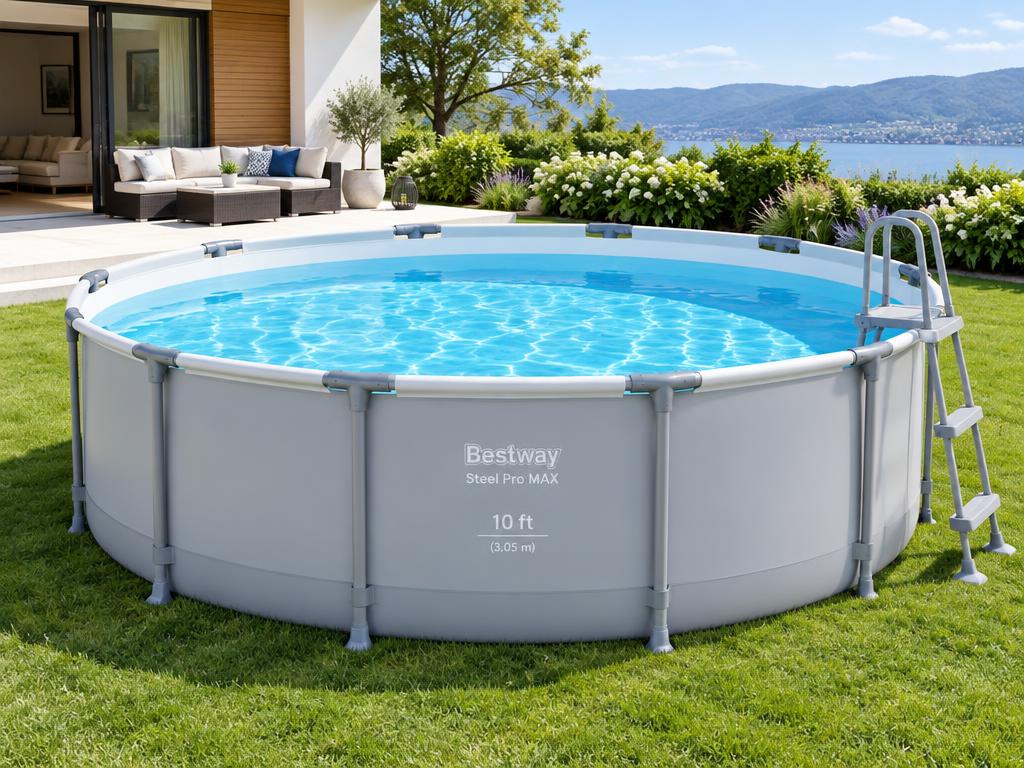 Steel Frame Pool 10ft set up on a manicured lawn beside a modern home