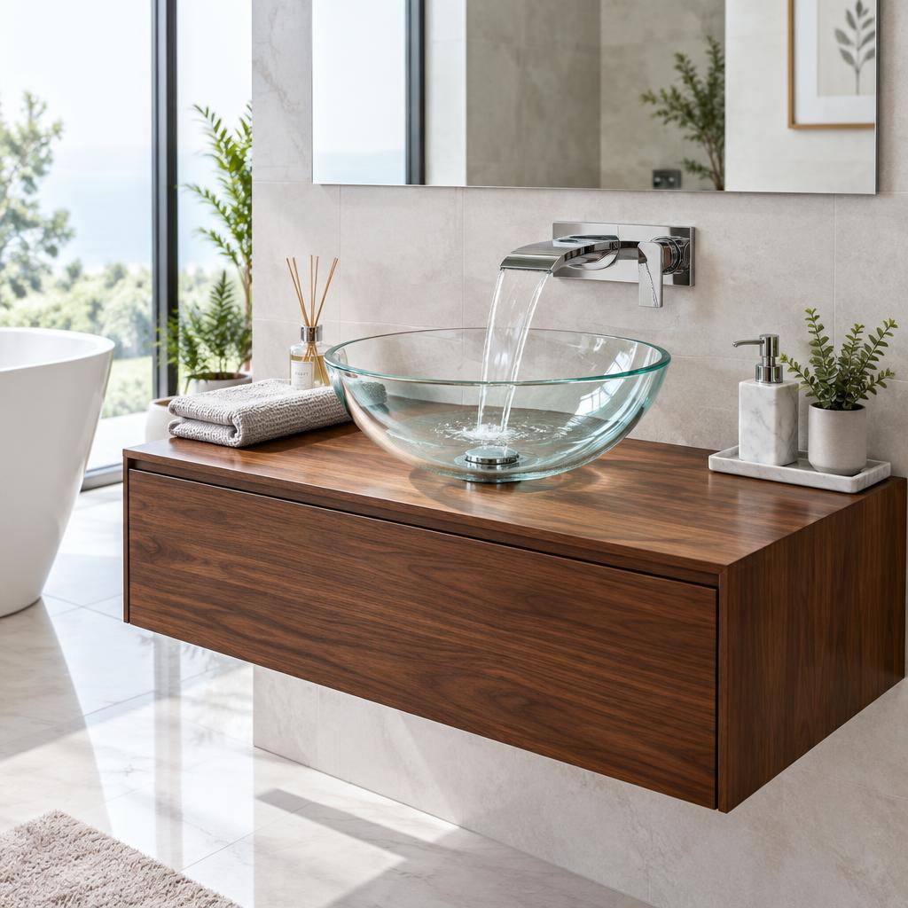 Glass Wall-Hung Basin with chrome waterfall faucet on a walnut floating vanity