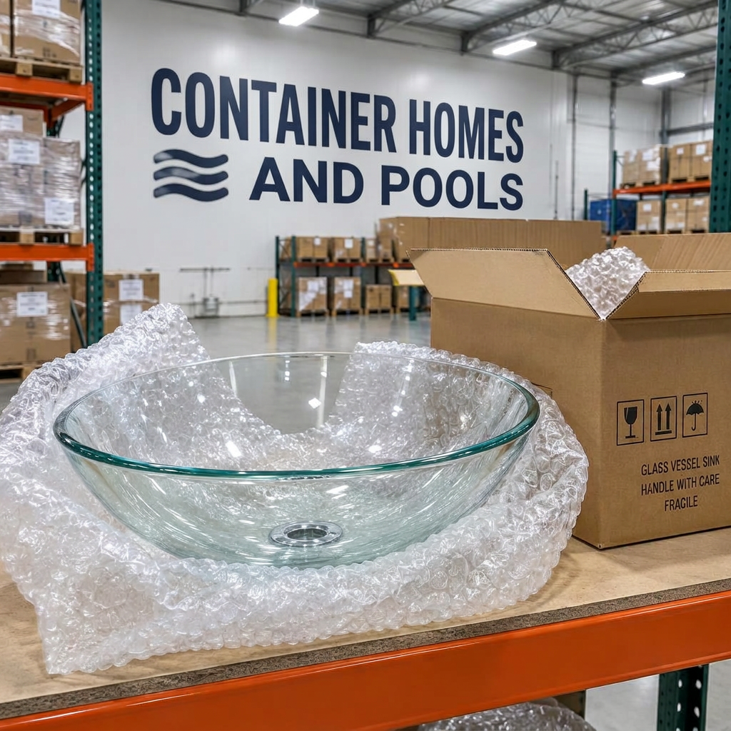 Glass vessel basin in protective packaging in the Container Homes & Pools warehouse