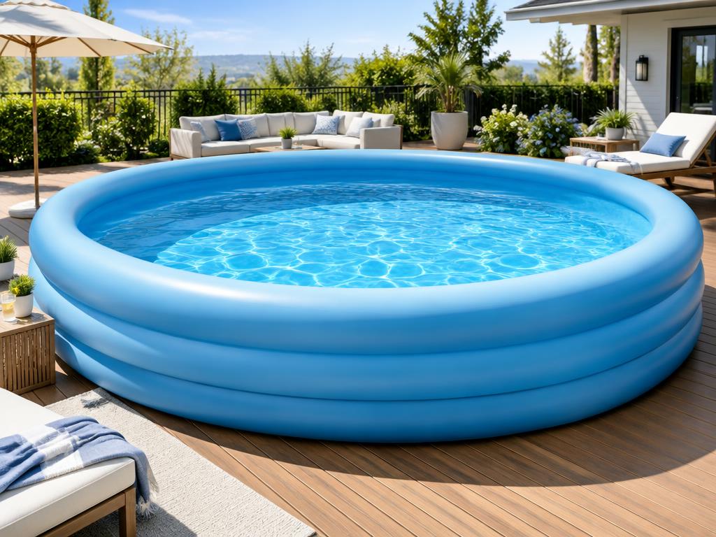 Inflatable Swimming Pool 10ft set up on a sunny backyard deck