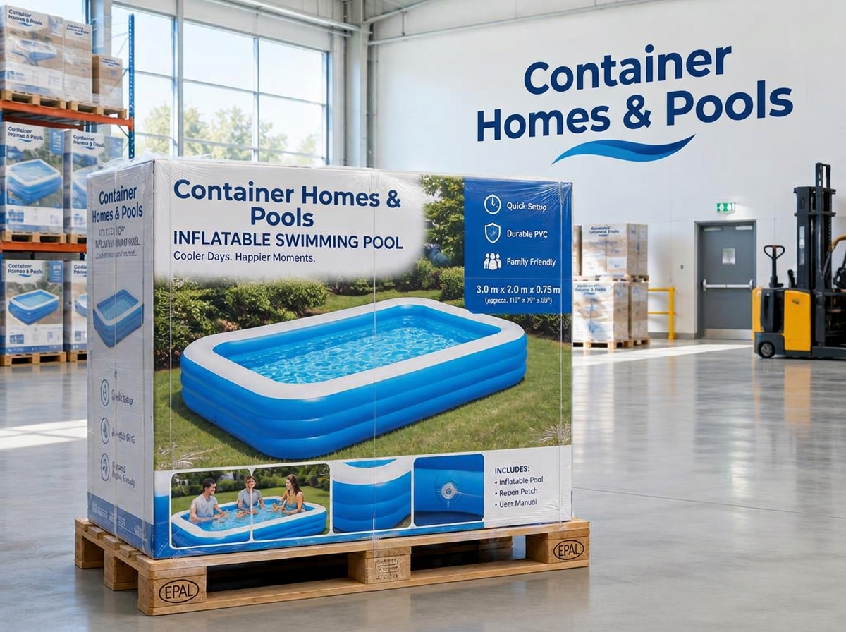 Inflatable Swimming Pool 10ft packaged in the Container Homes & Pools warehouse