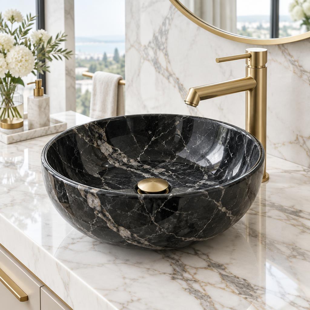 Black Marble Vessel Basin with brushed gold faucet on a Calacatta marble vanity