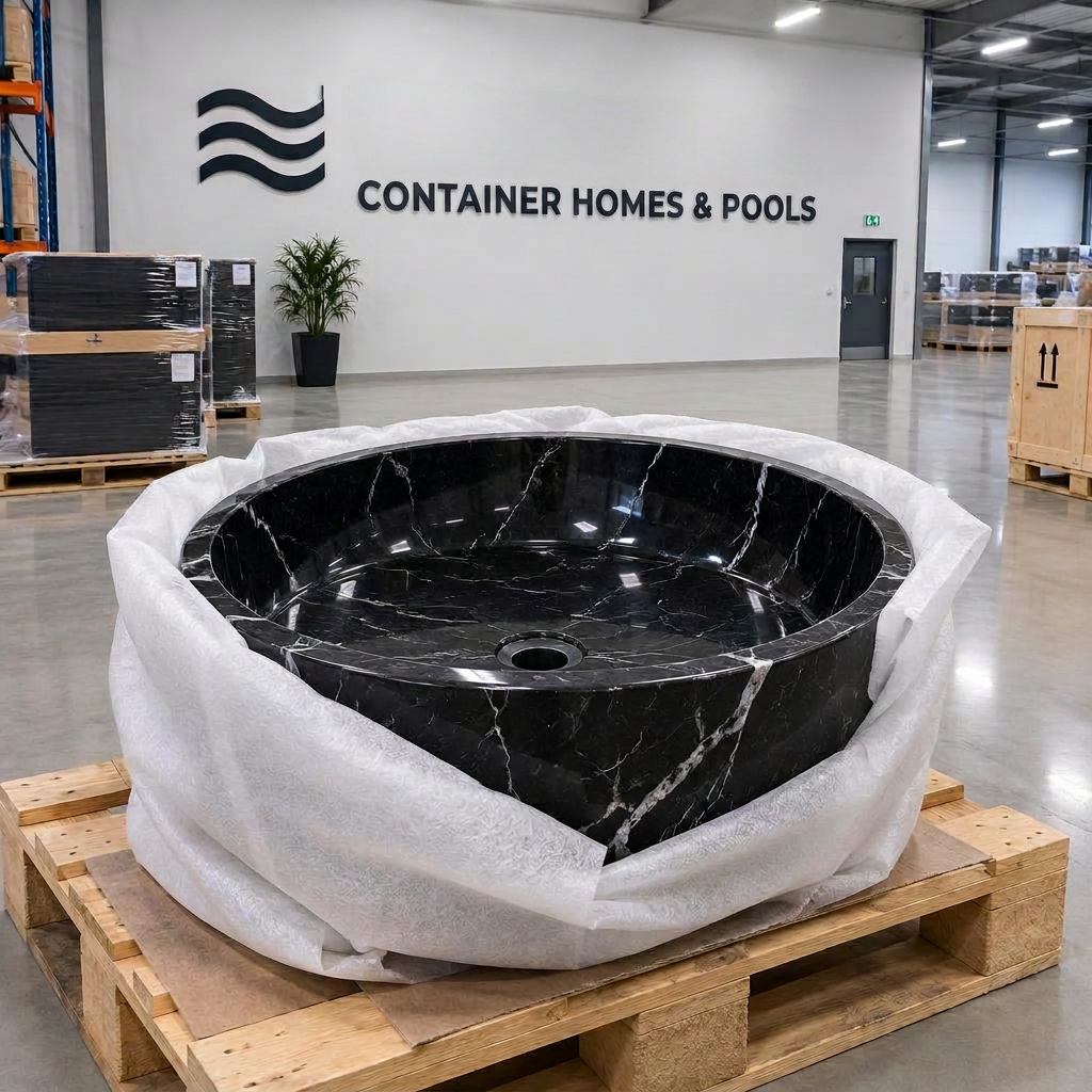 Black marble basin wrapped on a pallet in the Container Homes & Pools warehouse