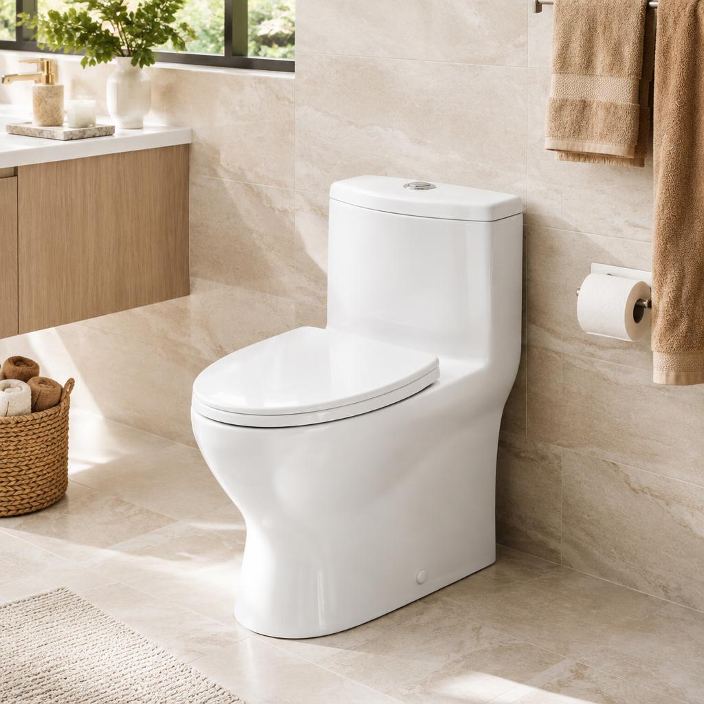 One-Piece Elongated Toilet in a bright spa-like bathroom