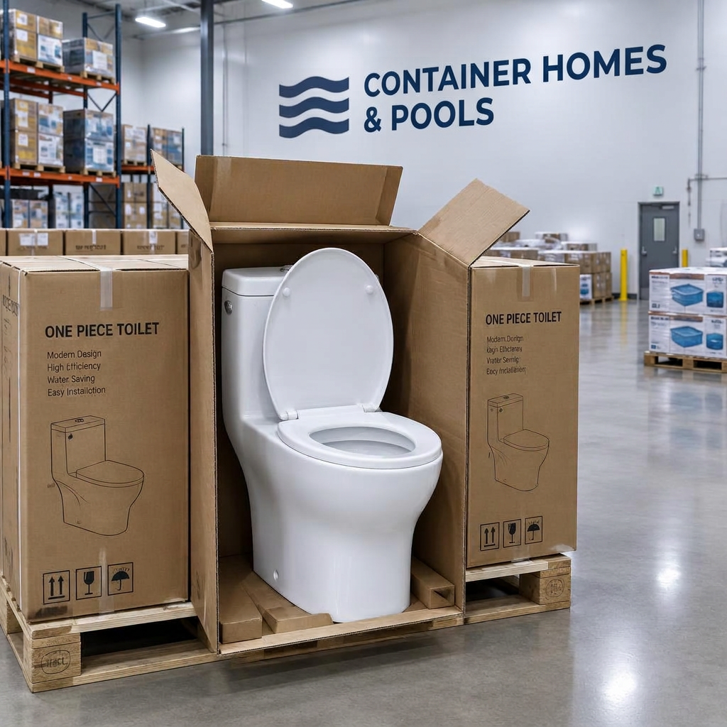 One-piece toilet in its open box in the Container Homes & Pools warehouse