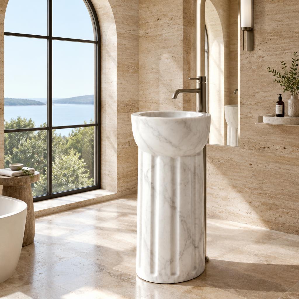 Marble Pedestal Basin freestanding in an elegant travertine bathroom with arched window