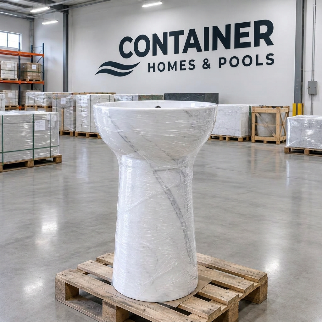 Marble pedestal basin wrapped on a pallet in the Container Homes & Pools warehouse